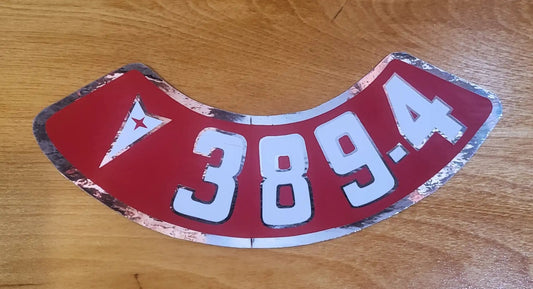 Pontiac 389 4V Air Cleaner Red and Silver Metallic Decal EXC Restoration. Relic has been stored safely away for decades and measures approx 2.5 in wide x 8.75 in len