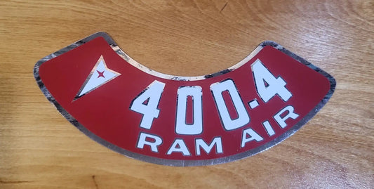 Pontiac 400 4V Ram Air Cleaner Red and Silver Metallic Decal EXC Restoration. Relic has been stored safely away for decades and measures approx 2.5 in wide x 8.75 in
