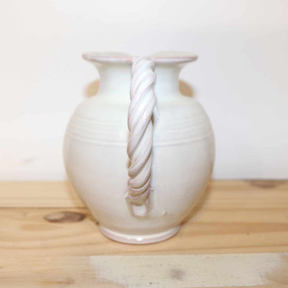 Gilde Handwerk Pottery Pitcher, vintage stoneware item.  Great detail, twisted handle, and cream color